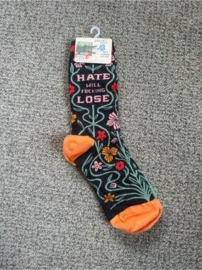 Blue Q Black Crew Socks with Orange Heel & Toe and Colorful Floral Embroidery